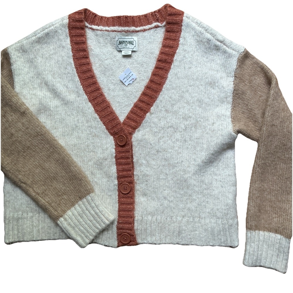 NWT American Eagle Cropped Cardigan Sweater Women M Wool Blend 2-Tone V-Neck NEW
